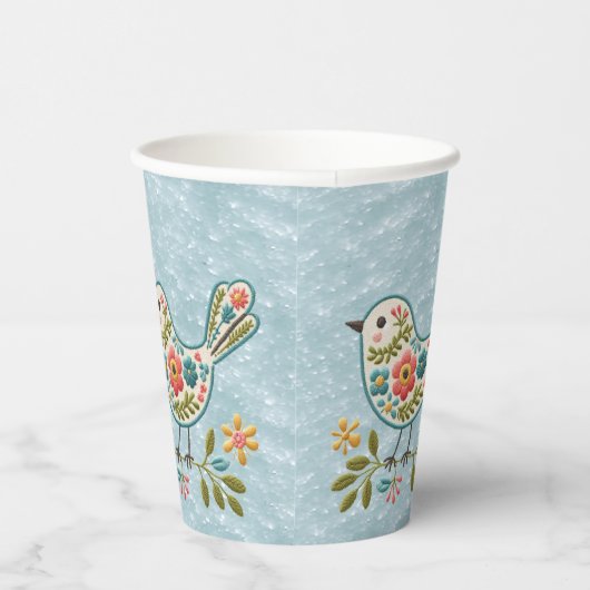 Little Bird Bloemen Groen Bladeren Papieren Kopjes Papieren Bekers (Rechts)