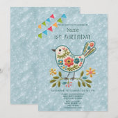 Little Bird Bloemen Groene Verjaardag Party Uitnod Kaart (Voorkant / Achterkant)