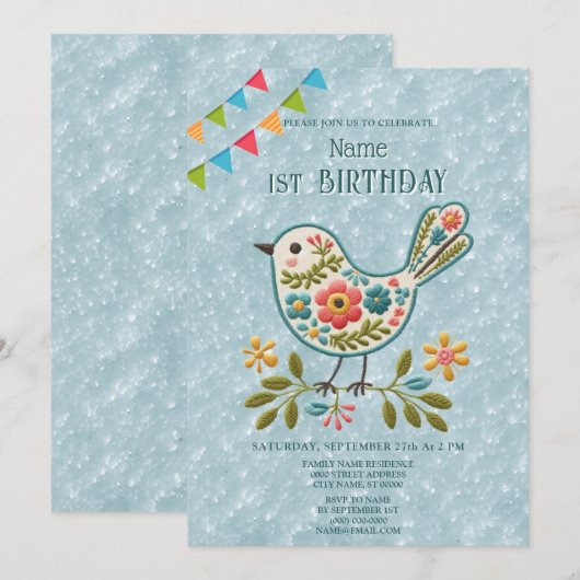 Little Bird Bloemen Groene Verjaardag Party Uitnod Kaart (Voorkant / Achterkant)