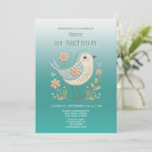 Little Bird Bloemen Groene Verjaardag Party Uitnod Kaart (Staand voorkant)