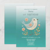 Little Bird Bloemen Groene Verjaardag Party Uitnod Kaart (Voorkant / Achterkant)