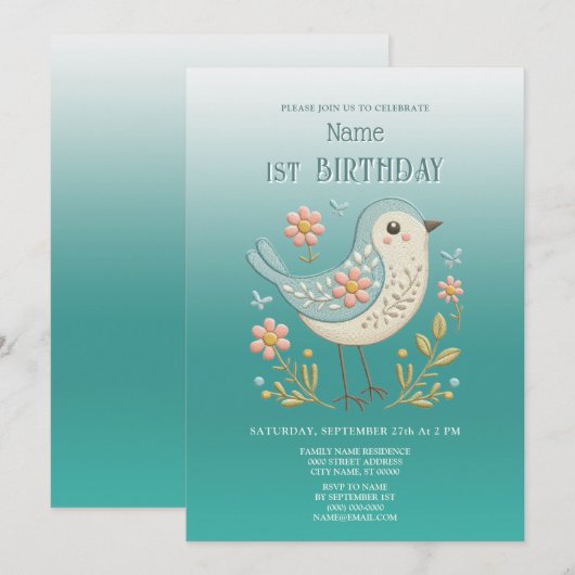 Little Bird Bloemen Groene Verjaardag Party Uitnod Kaart (Voorkant / Achterkant)