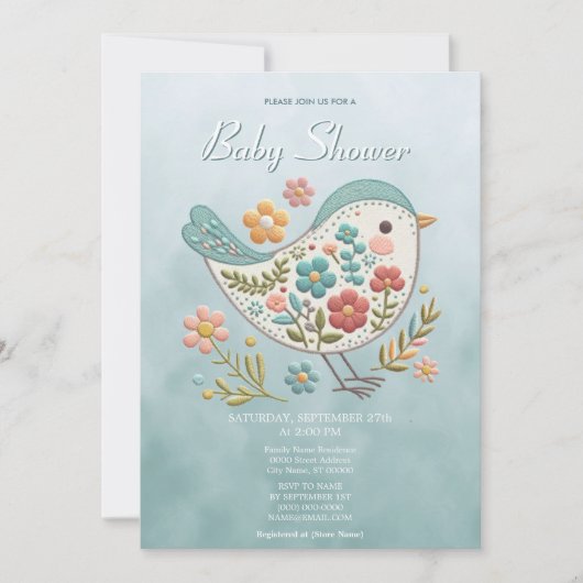 Little Bird Blue Pink Flowers Baby shower Kaart (Voorkant)