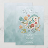 Little Bird Blue Pink Flowers Baby shower Kaart (Voorkant / Achterkant)