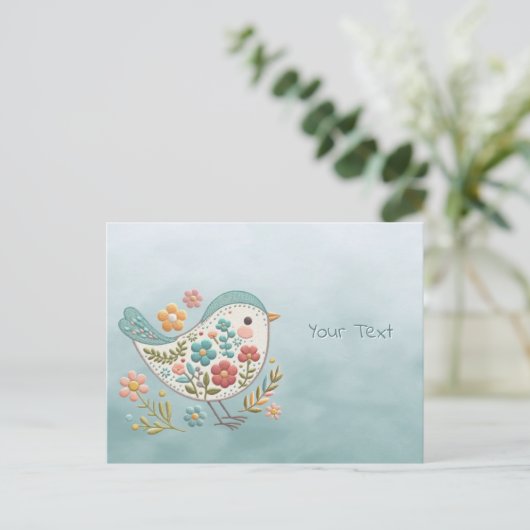 Little Bird Blue Pink Flowers Briefkaart (Staand voorkant)