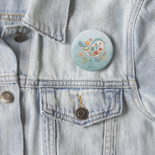 Little Bird Blue Pink Flowers Button (In situ)