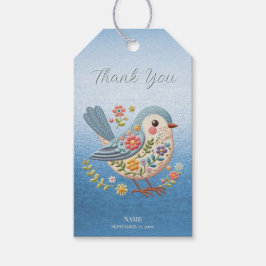 Little Bird Floral Borduurwerk Blauw Gift Label Cadeaulabel