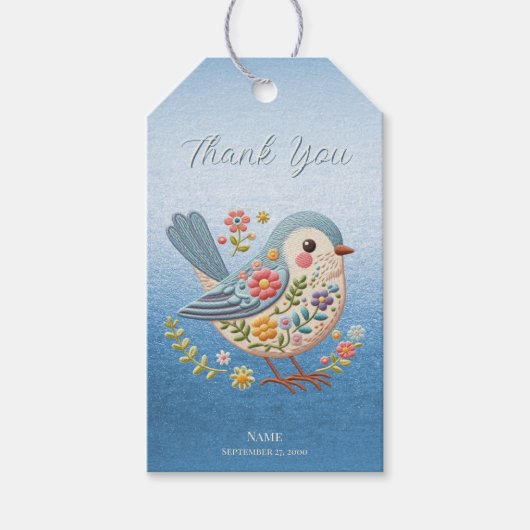 Little Bird Floral Borduurwerk Blauw Gift Label Cadeaulabel (Voorkant)