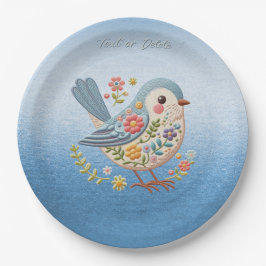 Little Bird Floral Borduurwerk Blauw Papier Bord
