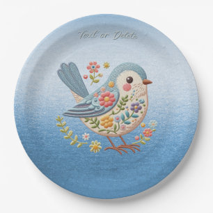 Little Bird Floral Borduurwerk Blauw Papier Bord