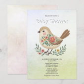 Little Bird Floral Gold Baby shower Kaart (Voorkant / Achterkant)