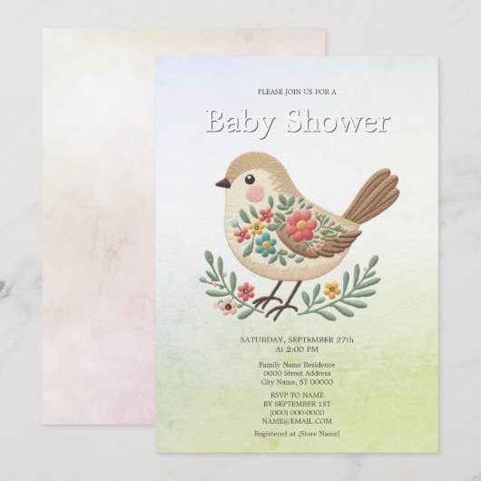 Little Bird Floral Gold Baby shower Kaart (Voorkant / Achterkant)