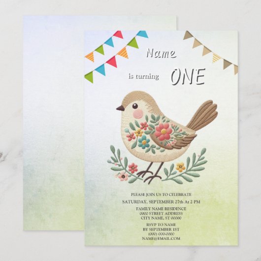 Little Bird Floral Gold verjaardagsfeestje uitnodi Kaart (Voorkant / Achterkant)