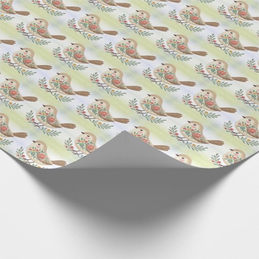 Little Bird Floral Gold Wrapping Paper Cadeaupapier (Hoek)