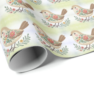 Little Bird Floral Gold Wrapping Paper Cadeaupapier