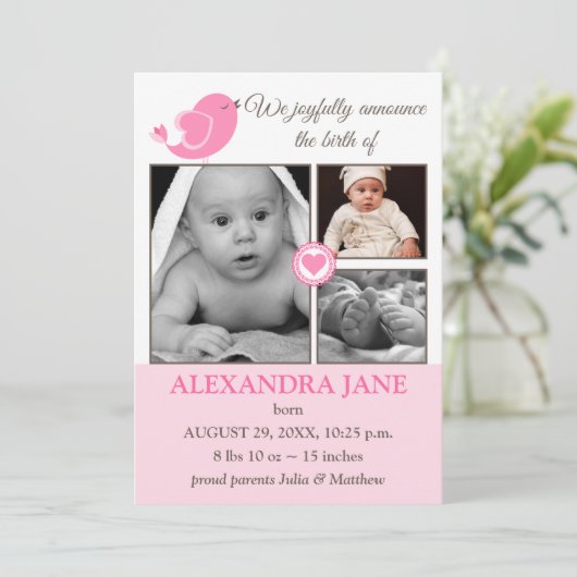 Little Bird Hearts Baby geboorteaankondiging Aankondiging (Staand voorkant)