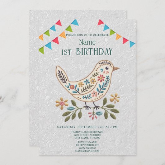 Little Bird Kleurrijk Bloemen Verjaardagsfeest Kaart (Voorkant / Achterkant)