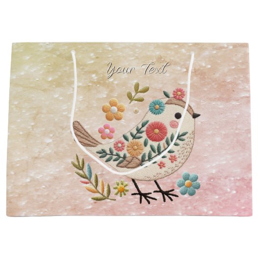 Little Bird Leaves Flowers Pink Gift Bag Groot Cadeauzakje (Voorkant)