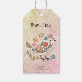 Little Bird Leaves Flowers Pink Gift Label Cadeaulabel