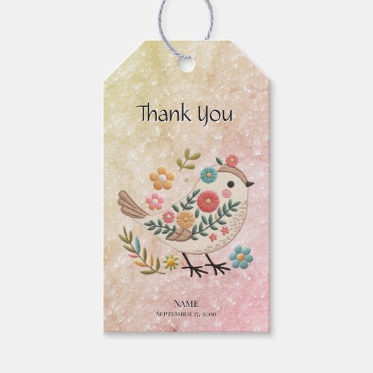 Little Bird Leaves Flowers Pink Gift Label Cadeaulabel (Voorkant)
