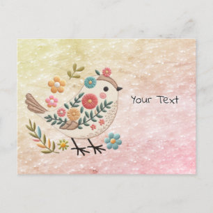 Little Bird Leaves Flowers Roze Briefkaart