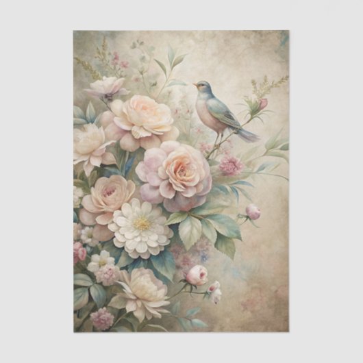 Little Bird Perched on Large Floral Bouquet Tissuepapier (Voorkant)