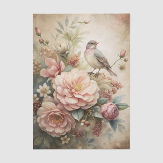 Little Bird Perched on Pretty Floral Bouquet Tissuepapier (Voorkant)