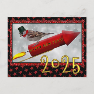 Little Bird Riding Rocket Gelukkig Nieuwjaar Briefkaart