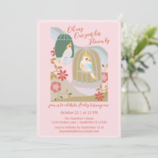 Little Bird Roze Eerste Verjaardag Kaart (Staand voorkant)