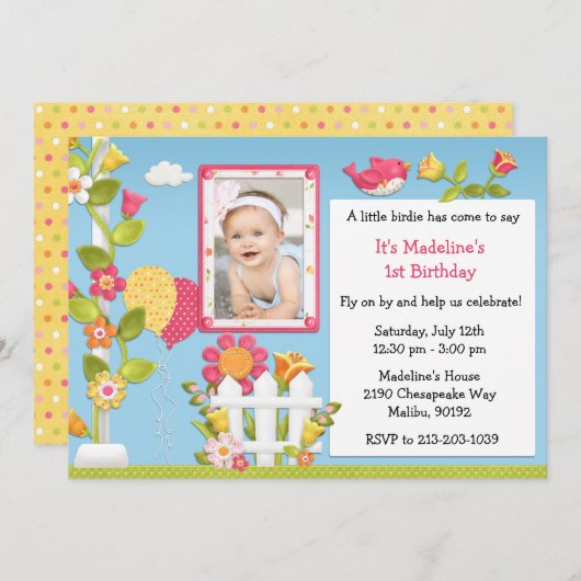 Little Birdie Birthday Party Invision with Photo Kaart (Voorkant / Achterkant)