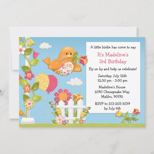 Little Birdie Birthday Party Invitation Kaart (Voorkant)