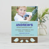 Little Birdie Boy's Blue Birthday Party Kaart (Staand voorkant)