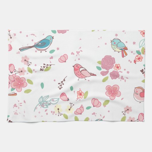 Little Birdie Pink en Blue Whimsical Girly Theedoek (Horizontaal)