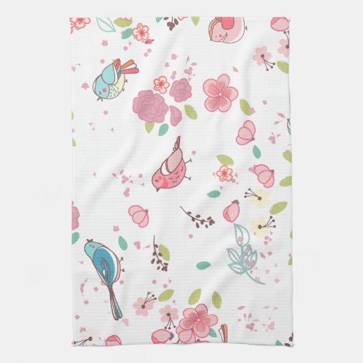 Little Birdie Pink en Blue Whimsical Girly Theedoek (Verticaal)