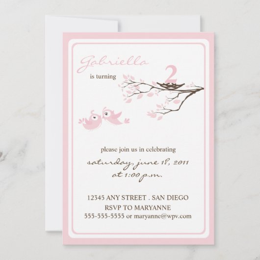 Little Birdies Pink Birthday Invitation Kaart (Voorkant)