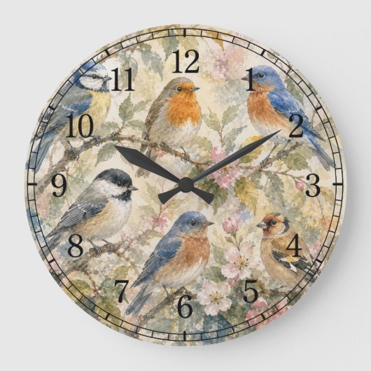 Little Birds Wall Clock — Charming Nature Design Grote Klok (Voorkant)