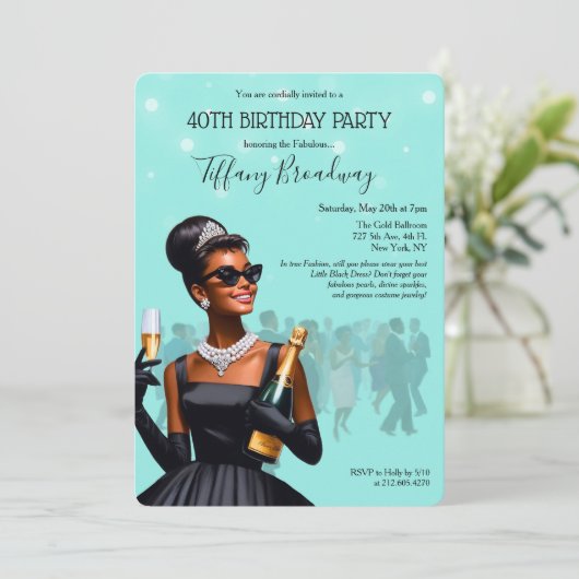 Little Black Dress Blue Glam Verjaardag Uitnodigin Kaart (Staand voorkant)