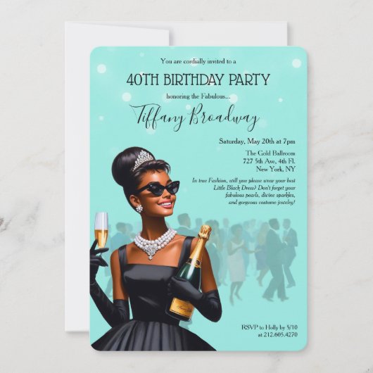Little Black Dress Blue Glam Verjaardag Uitnodigin Kaart (Voorkant)
