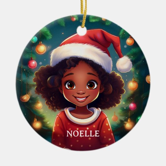 Little Black Girl Kerstman Hoed Keramisch Ornament (Voorkant)