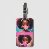 Little Black Girl Popping Pink Bubblegum Bagagelabel (Voorkant (verticaal))