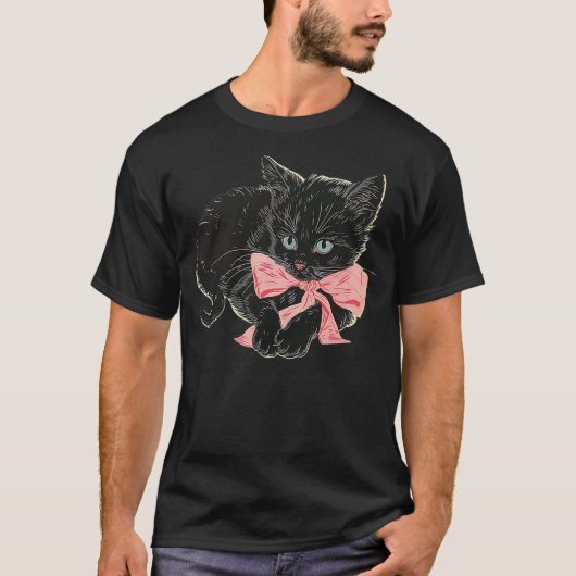Little Black Kitten Pink Bow  Coquette Baby Y2K Ae T-shirt (Voorkant)