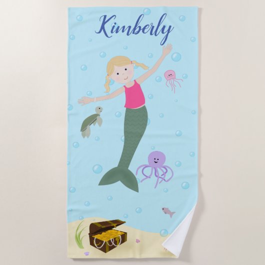 Little Blonde Mermaid Personalized Beach Towel Strandlaken (Voorkant)