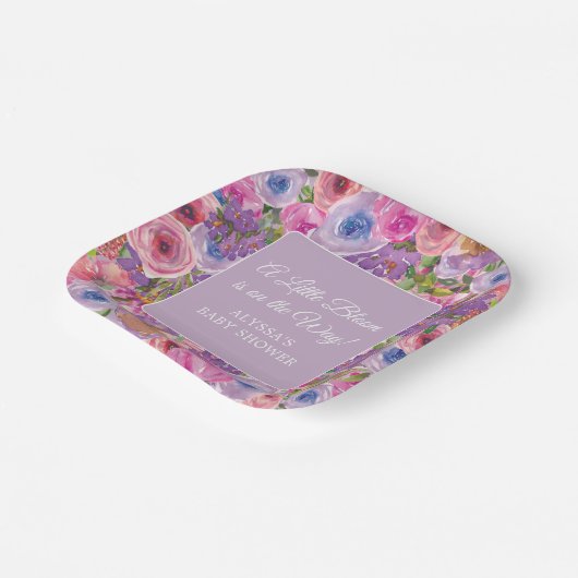 Little Bloom Paarse Roze Bloemen Baby Meisje Douch Papieren Bordje (Gebogen)