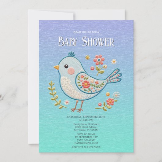 Little Blue Bird Floral Baby shower Kaart (Voorkant)