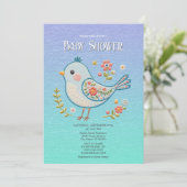 Little Blue Bird Floral Baby shower Kaart (Staand voorkant)