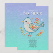 Little Blue Bird Floral Baby shower Kaart (Voorkant / Achterkant)