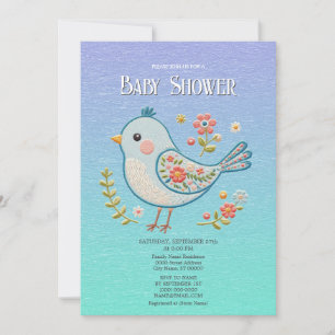 Little Blue Bird Floral Baby shower Kaart