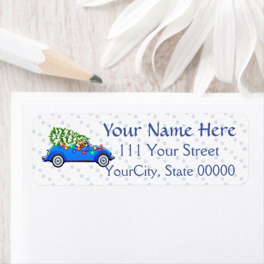 Little Blue Car en Tree Kerstmis, aangepast Etiket (Insitu)
