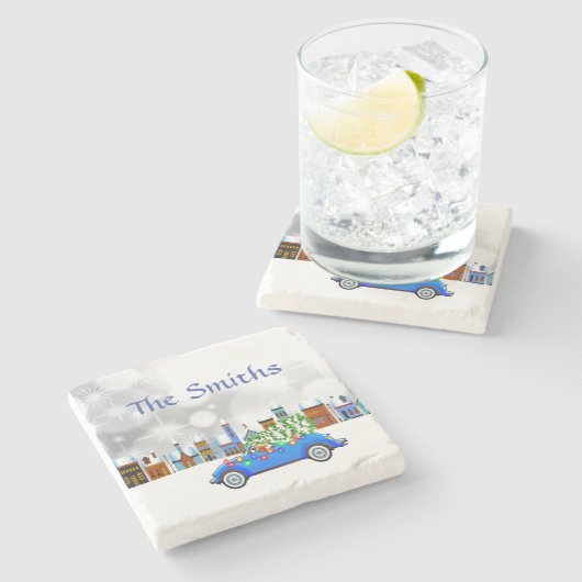 Little Blue Car en Tree Kerstmis, aangepast Stenen Onderzetter (Zijkant)