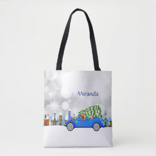 Little Blue Car en Tree Kerstmis, aangepast Tote Bag